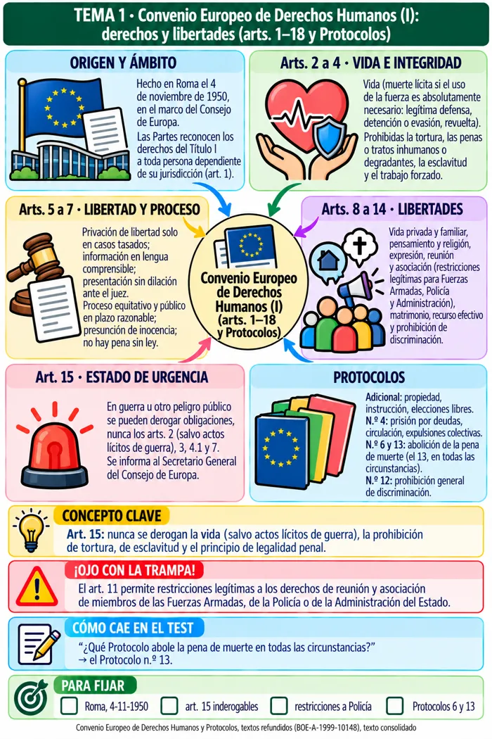 Mapa mental: Convenio Europeo de Derechos Humanos (I): derechos y libertades (arts. 1–18 y Protocolos)